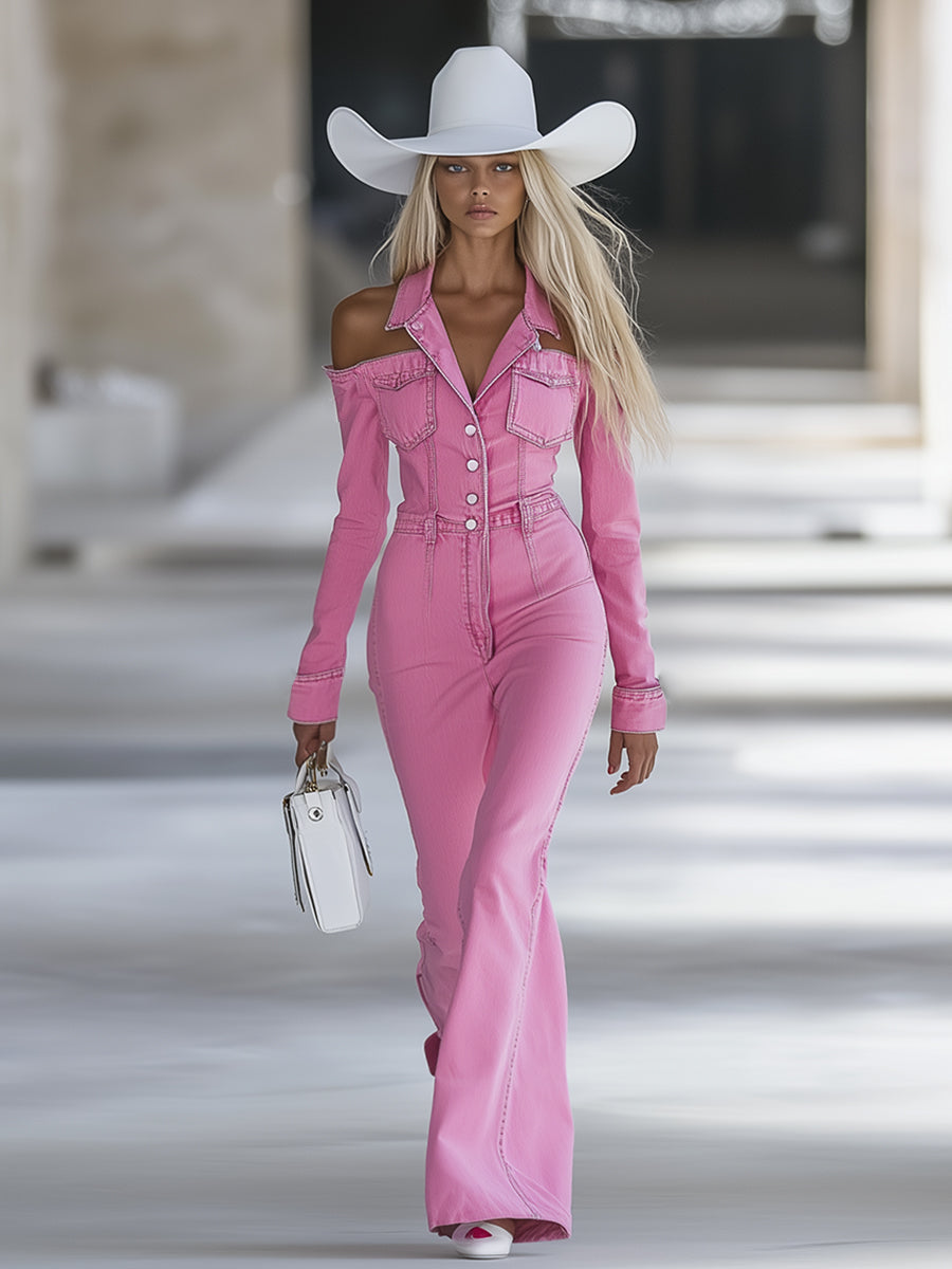 Combinaison Jean Rose Épaules Dénudées