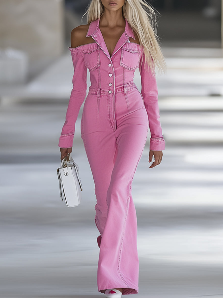 Combinaison Jean Rose Épaules Dénudées