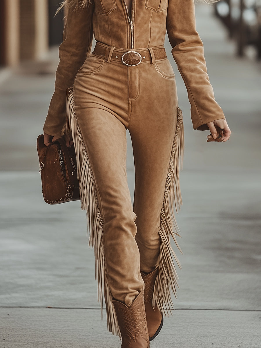 Combinaison vintage style western en daim marron avec col à revers et fermeture éclair