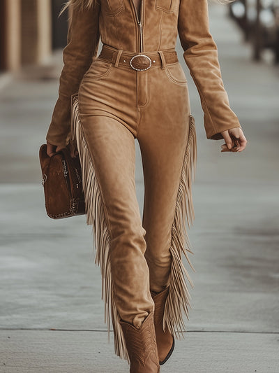 Combinaison vintage style western en daim marron avec col à revers et fermeture éclair